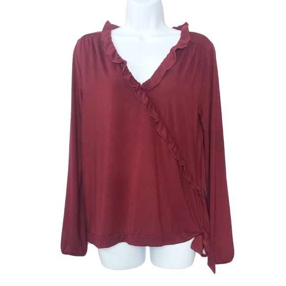 J. Crew Ruffle Trim Wrap Top Burgundy‎ Red New - Picture 4 of 11